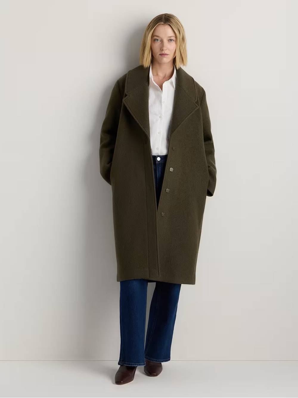 Quince 100% Merino Wool Shawl Collar Long Coat in Olive Grove size XS